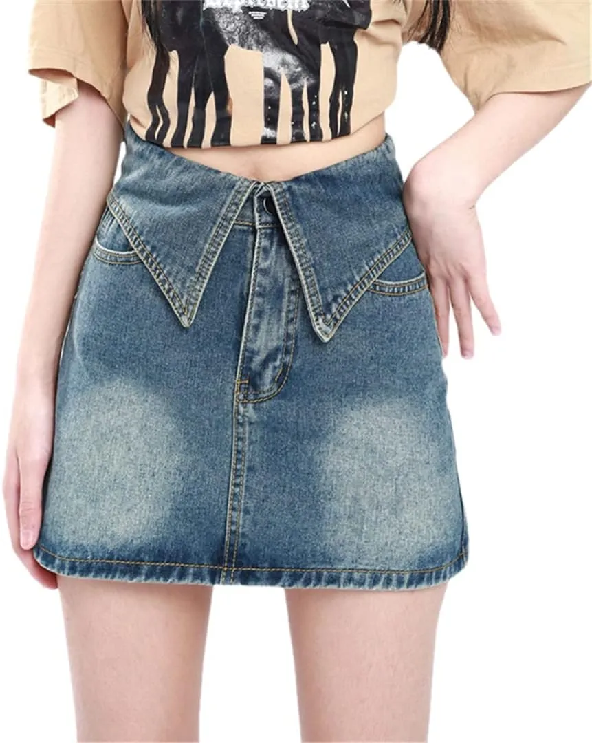 Hdhdeueh Women High Waisted Cuffed Denim Short Skirt Street Style Casual Sexy A-Line Blue Mini Skirt