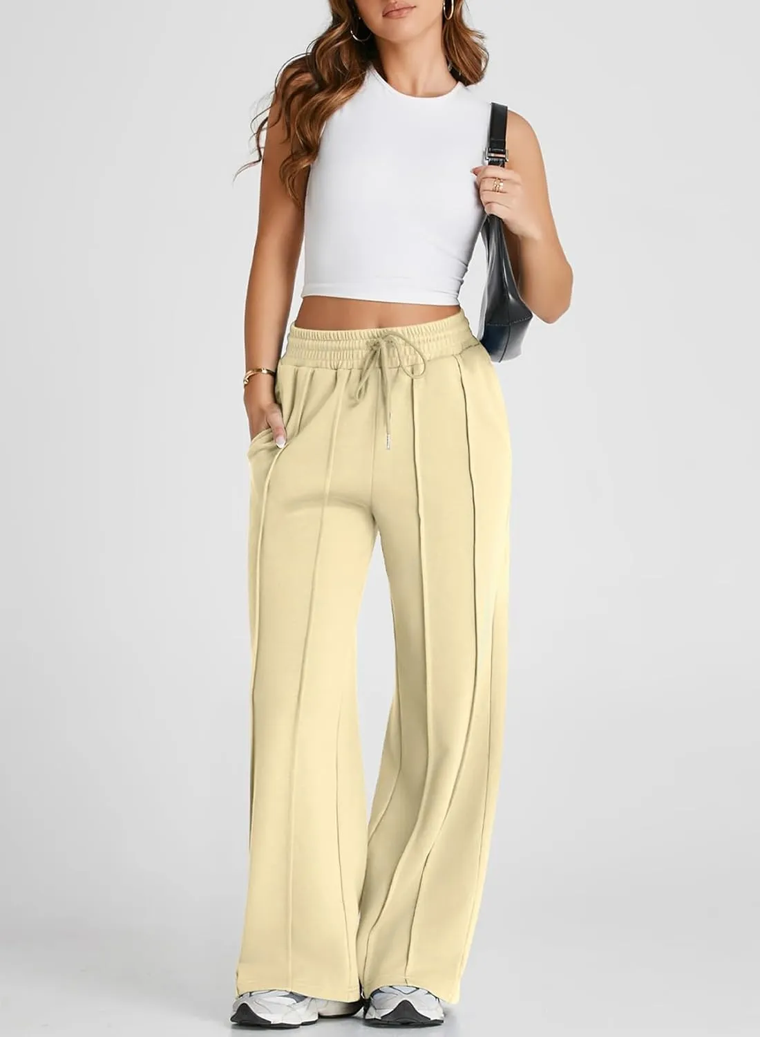 Herseas High Waisted Sweatpants for Women Elastic Elevated Seams Wide Leg Drawstring Loose Long Pants with Pockets