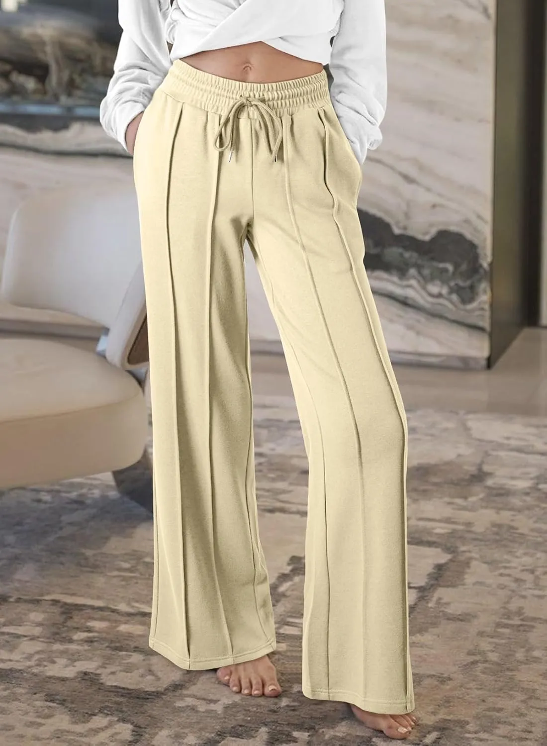 Herseas High Waisted Sweatpants for Women Elastic Elevated Seams Wide Leg Drawstring Loose Long Pants with Pockets