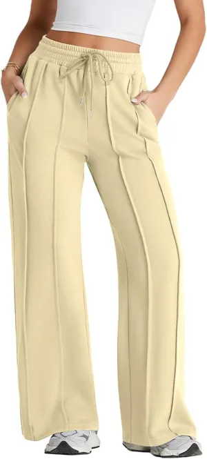 Herseas High Waisted Sweatpants for Women Elastic Elevated Seams Wide Leg Drawstring Loose Long Pants with Pockets