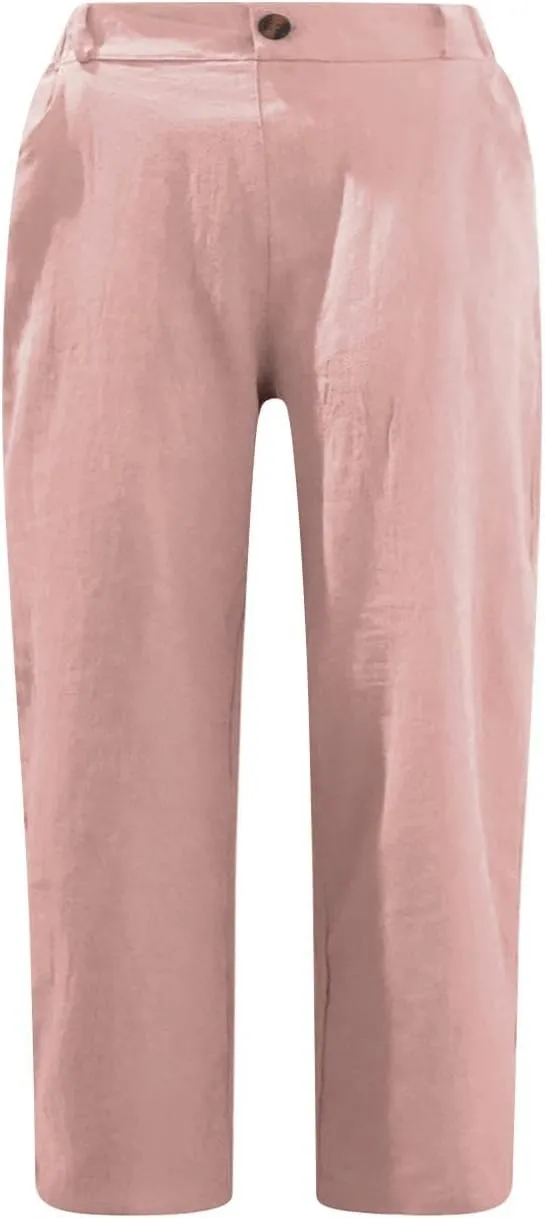HGps8w Capri Linen Pants for Women Casual Summer Elastic High Waist Pants Straight Leg Cropped Trousers with Pockets