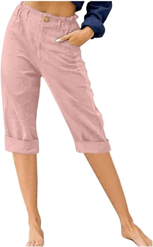 HGps8w Capri Linen Pants for Women Casual Summer Elastic High Waist Pants Straight Leg Cropped Trousers with Pockets