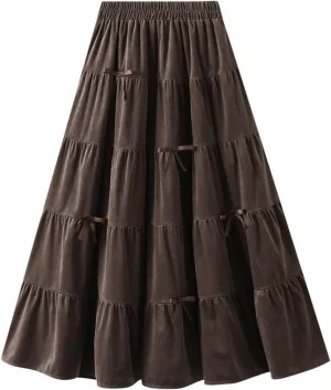 High Waist Skirt for Women Pleated Ruffle Elastic Waist Skirt with Bow Decoration Fall Winter A-Line Skirt