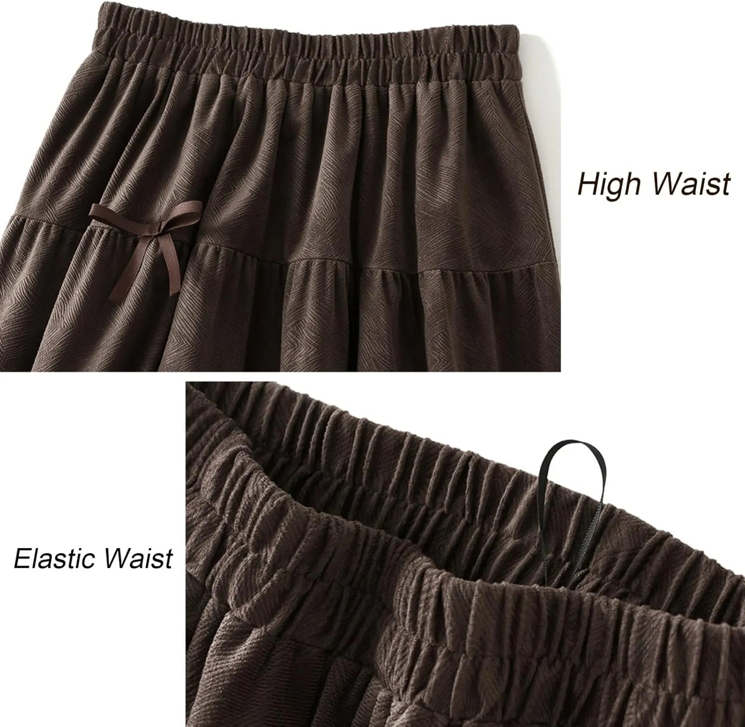 High Waist Skirt for Women Pleated Ruffle Elastic Waist Skirt with Bow Decoration Fall Winter A-Line Skirt
