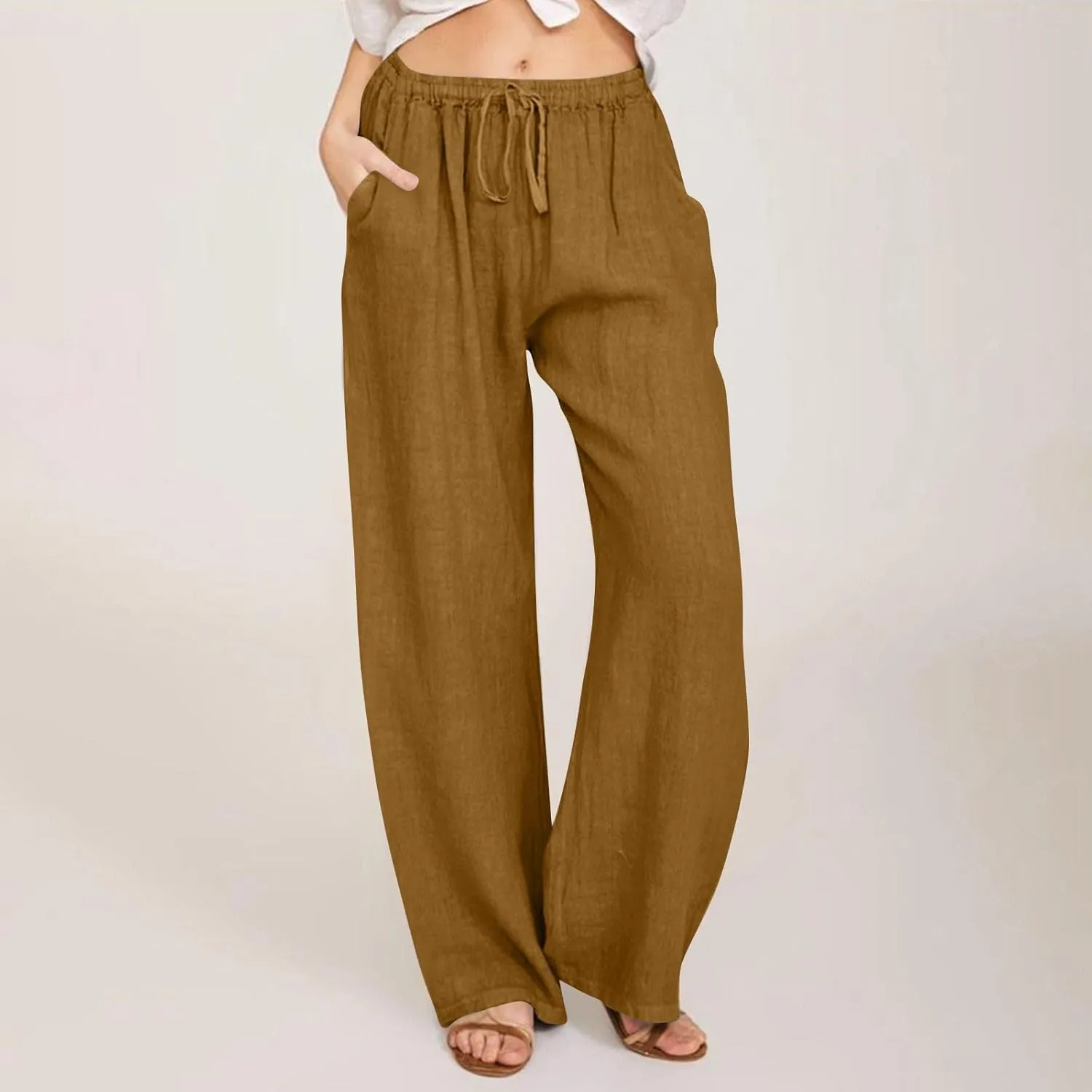 HOTYD Women's Cotton Linen Pants Summer Wide Leg Casual Loose Drawstring High Waist Palazzo Pants Trousers with Pockets