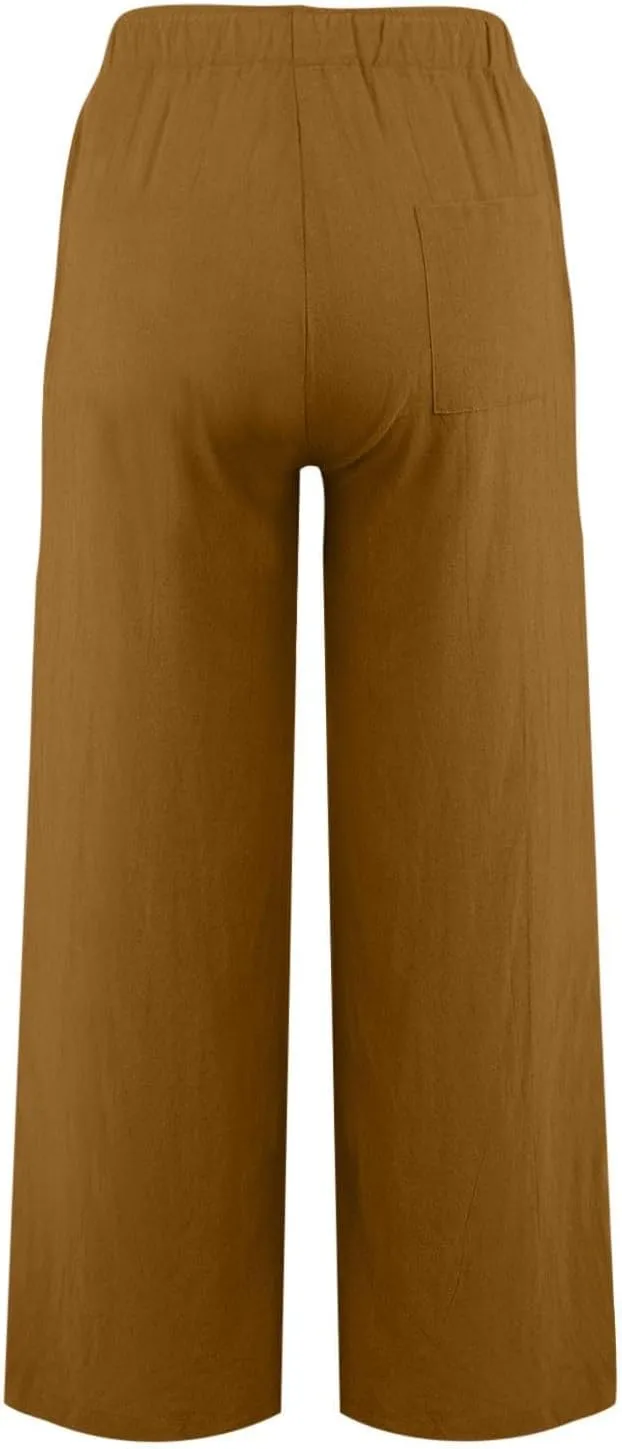 HOTYD Women's Cotton Linen Pants Summer Wide Leg Casual Loose Drawstring High Waist Palazzo Pants Trousers with Pockets
