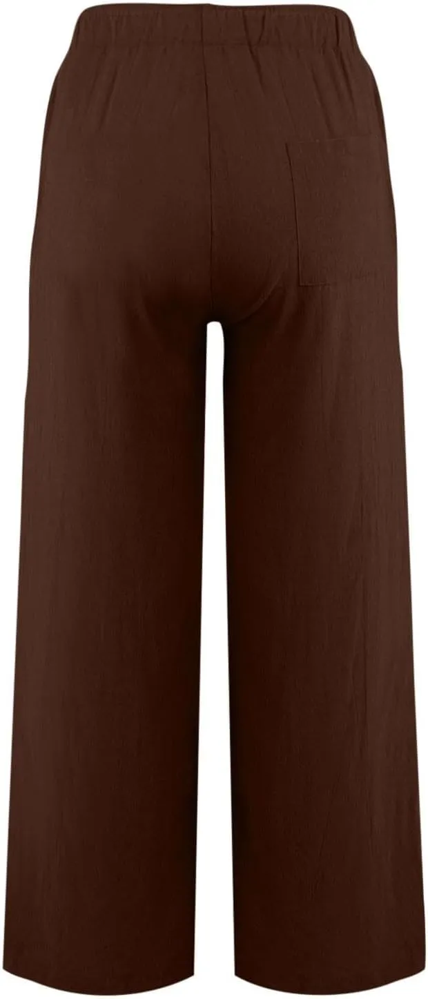 HOTYD Women's Cotton Linen Pants Summer Wide Leg Casual Loose Drawstring High Waist Palazzo Pants Trousers with Pockets