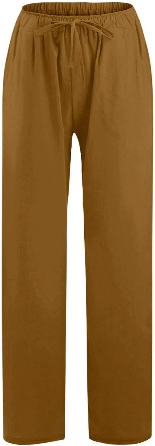 HOTYD Women's Cotton Linen Pants Summer Wide Leg Casual Loose Drawstring High Waist Palazzo Pants Trousers with Pockets