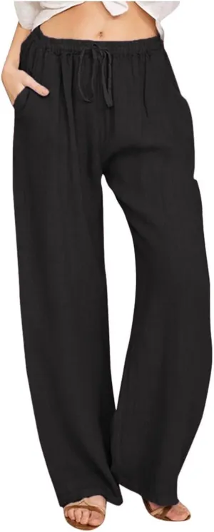 HOTYD Women's Cotton Linen Pants Summer Wide Leg Casual Loose Drawstring High Waist Palazzo Pants Trousers with Pockets
