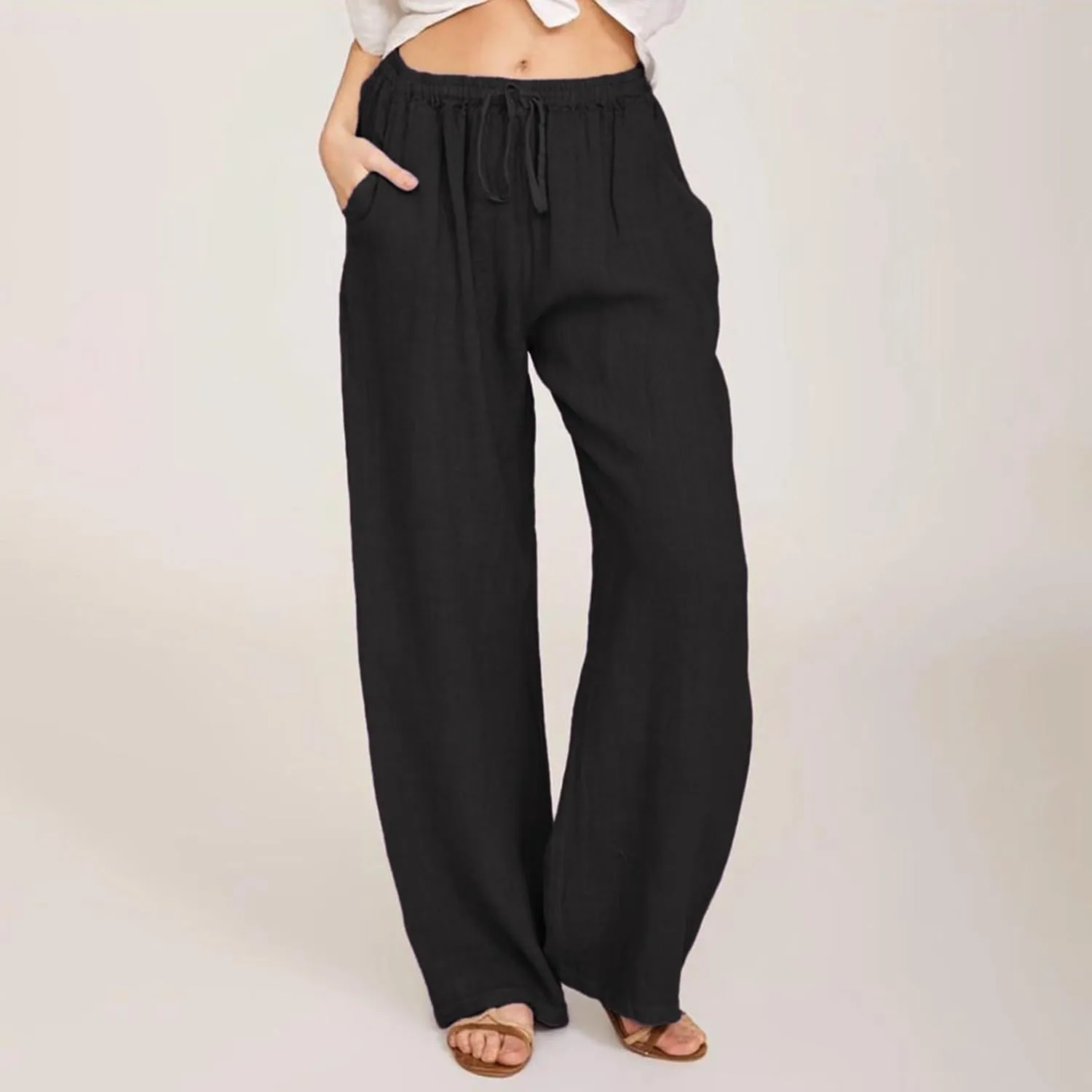 HOTYD Women's Cotton Linen Pants Summer Wide Leg Casual Loose Drawstring High Waist Palazzo Pants Trousers with Pockets