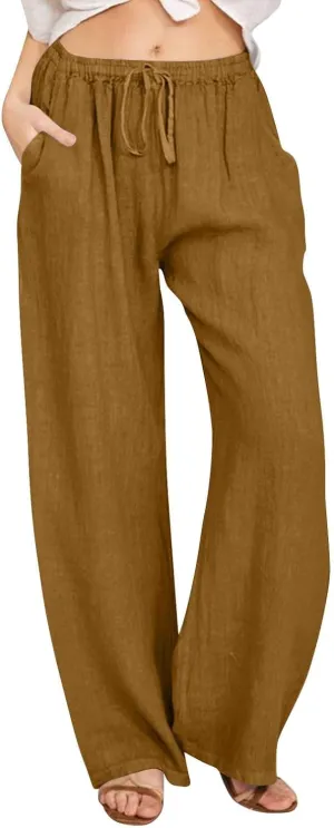 HOTYD Women's Cotton Linen Pants Summer Wide Leg Casual Loose Drawstring High Waist Palazzo Pants Trousers with Pockets