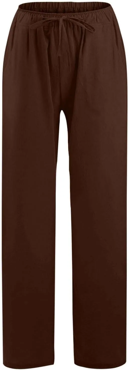 HOTYD Women's Cotton Linen Pants Summer Wide Leg Casual Loose Drawstring High Waist Palazzo Pants Trousers with Pockets