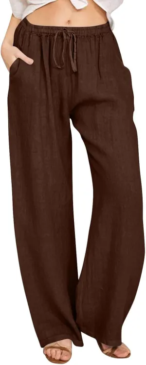 HOTYD Women's Cotton Linen Pants Summer Wide Leg Casual Loose Drawstring High Waist Palazzo Pants Trousers with Pockets