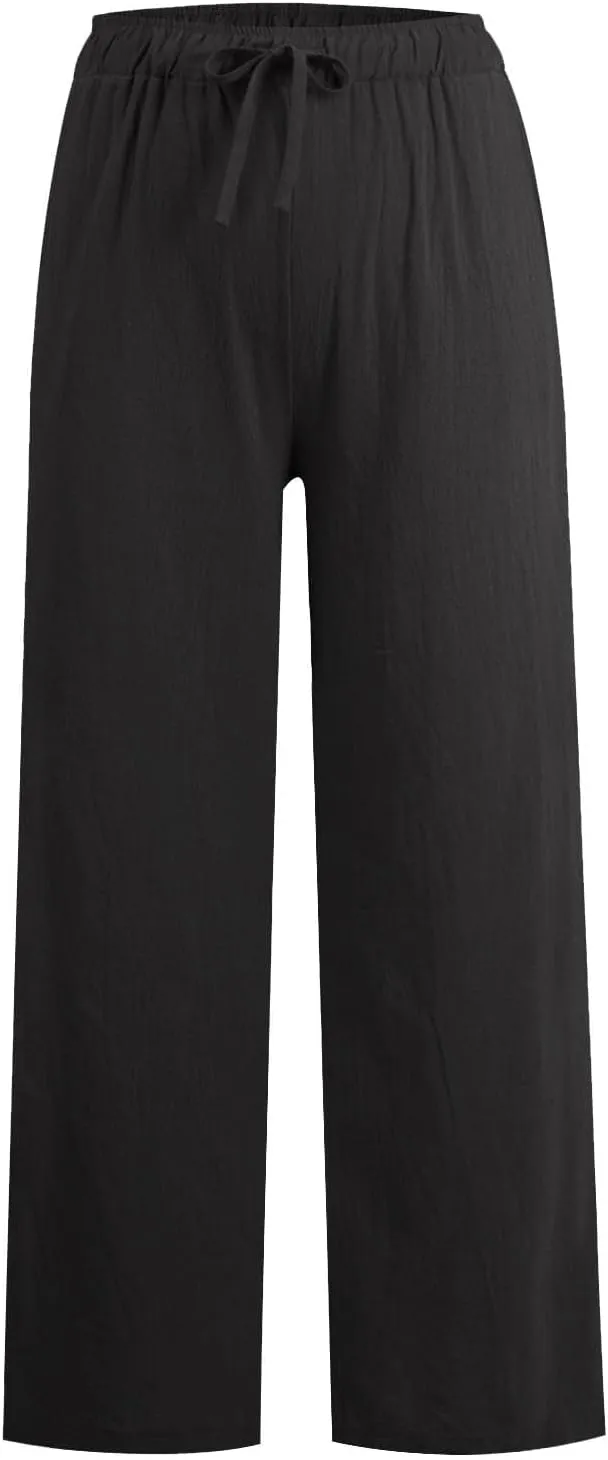 HOTYD Women's Cotton Linen Pants Summer Wide Leg Casual Loose Drawstring High Waist Palazzo Pants Trousers with Pockets