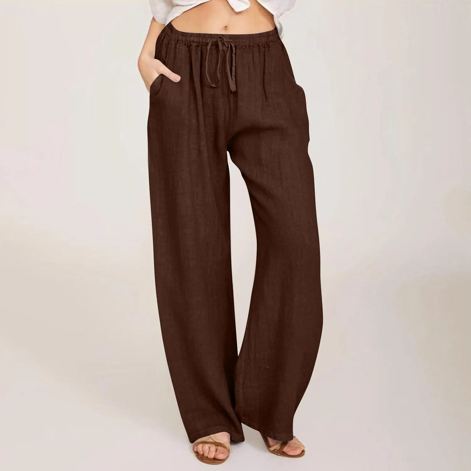 HOTYD Women's Cotton Linen Pants Summer Wide Leg Casual Loose Drawstring High Waist Palazzo Pants Trousers with Pockets