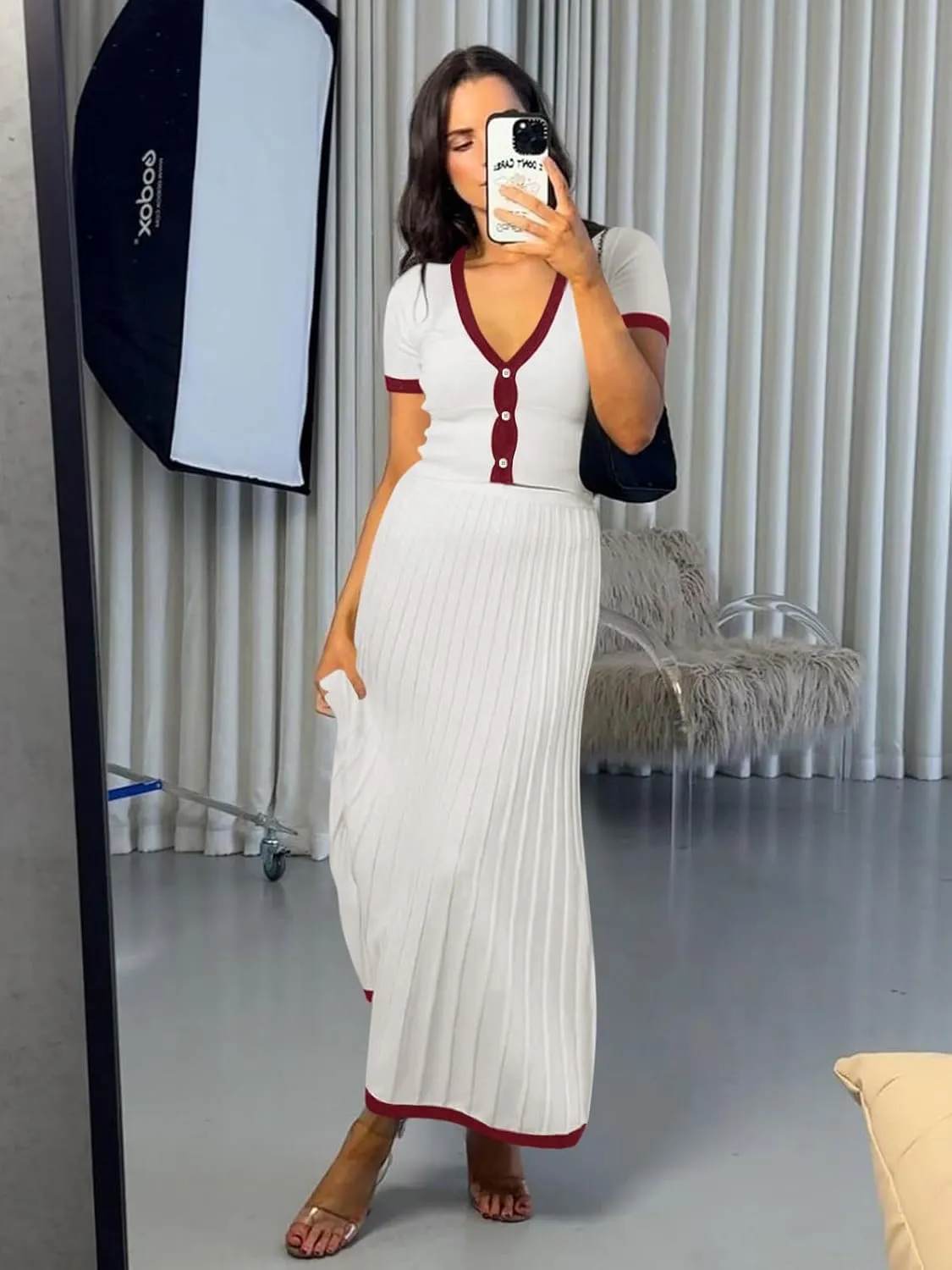 Imily Bela Womens 2 Piece Sweater Outfits Sets Short Sleeve V Neck Crop Top Knit Midi Long Pleated Skirt Dresses