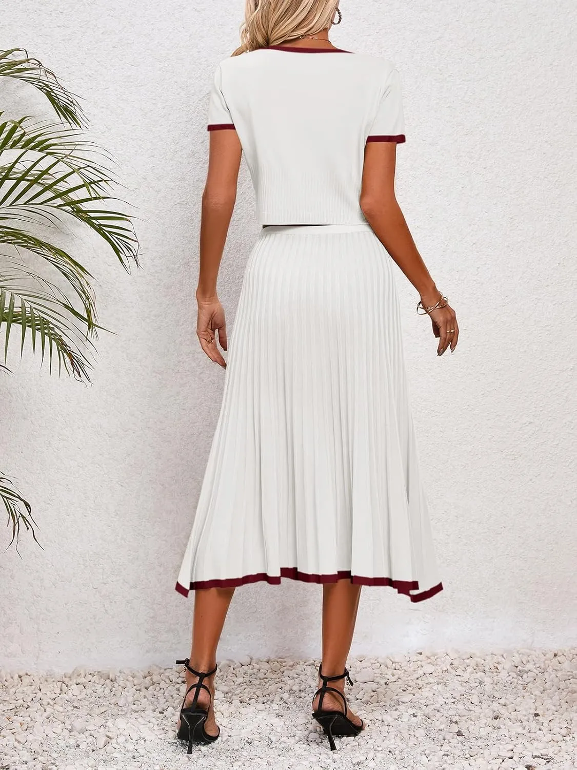 Imily Bela Womens 2 Piece Sweater Outfits Sets Short Sleeve V Neck Crop Top Knit Midi Long Pleated Skirt Dresses