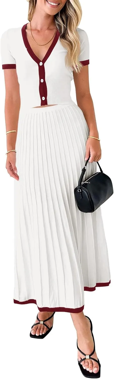 Imily Bela Womens 2 Piece Sweater Outfits Sets Short Sleeve V Neck Crop Top Knit Midi Long Pleated Skirt Dresses