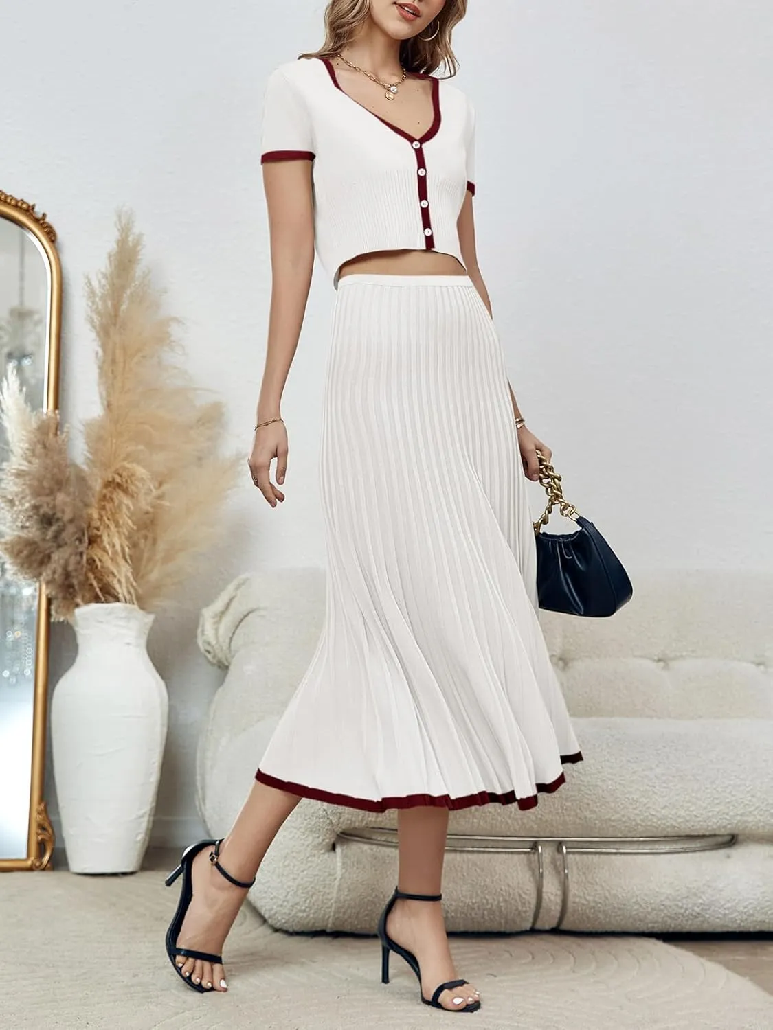 Imily Bela Womens 2 Piece Sweater Outfits Sets Short Sleeve V Neck Crop Top Knit Midi Long Pleated Skirt Dresses