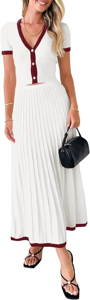 Imily Bela Womens 2 Piece Sweater Outfits Sets Short Sleeve V Neck Crop Top Knit Midi Long Pleated Skirt Dresses