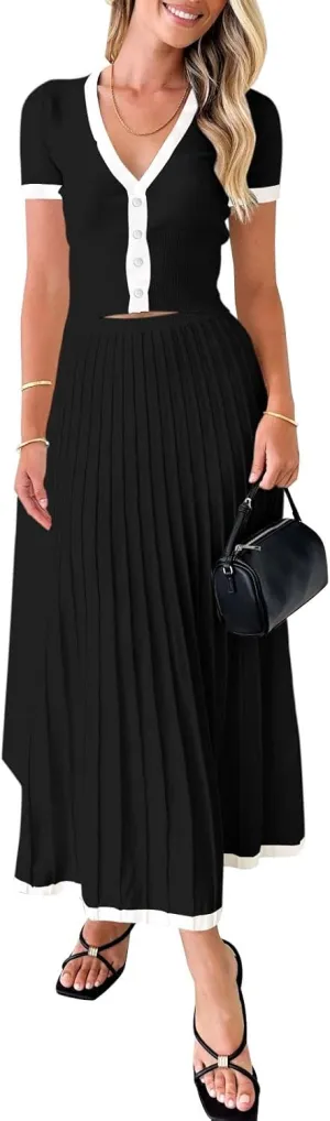 Imily Bela Womens 2 Piece Sweater Skirt Sets Short Sleeve V Neck Crop Knit Top Midi Long Pleated Skirts Outfits Black, Medium