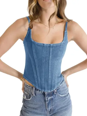 Imily Bela Womens Sleeveless Denim Vest Crop Tank Tops Spaghetti Straps Slim Fit Summer Cami Top