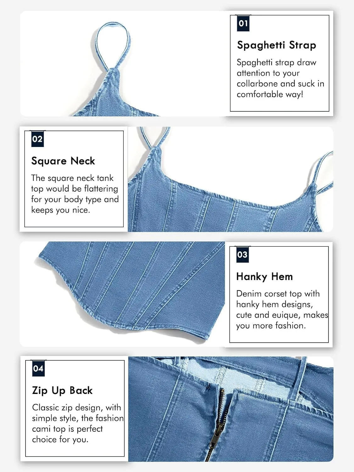 Imily Bela Womens Sleeveless Denim Vest Crop Tank Tops Spaghetti Straps Slim Fit Summer Cami Top