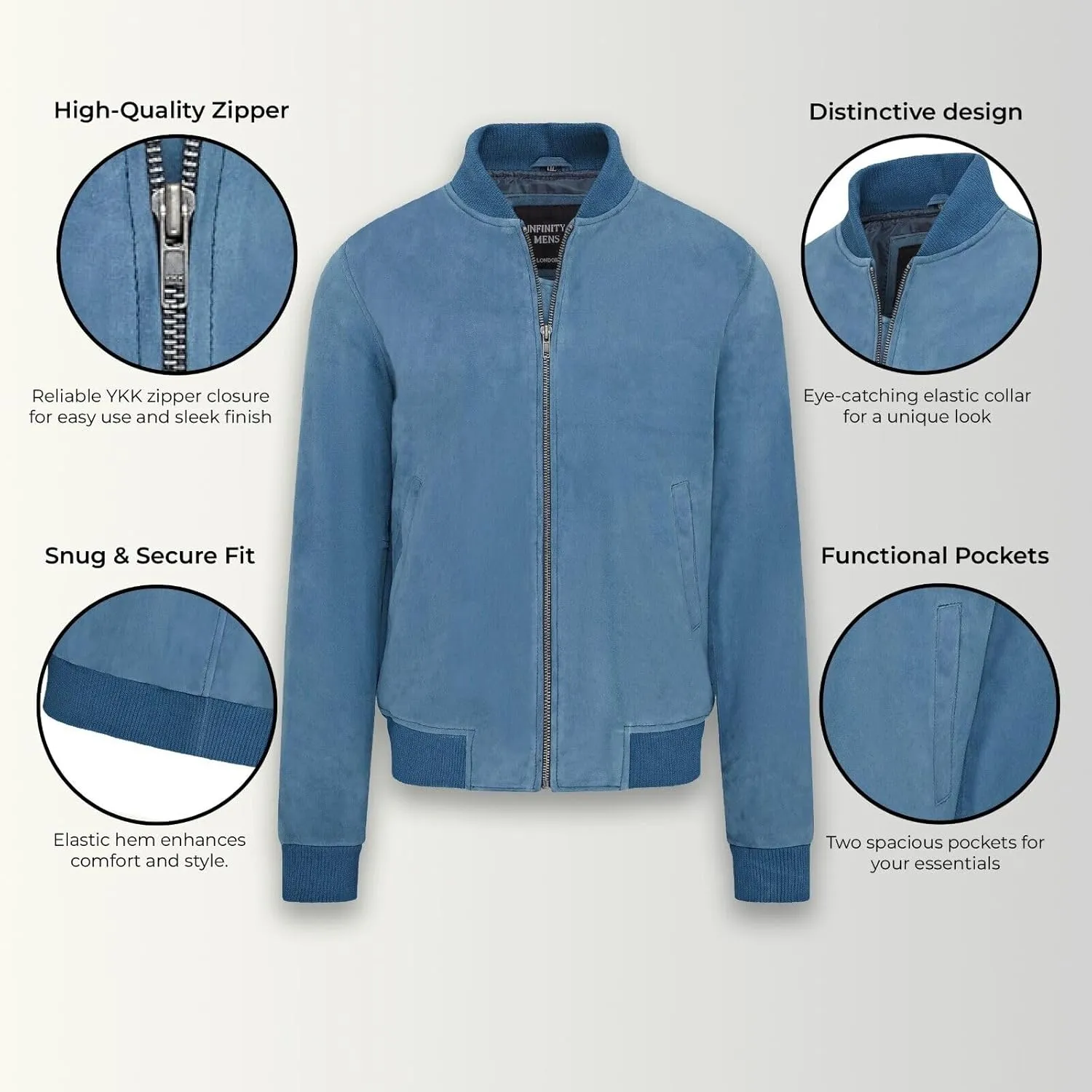 Infinity Leather Mens Soft Goat Suede MA-1 Varsity Bomber Jacket
