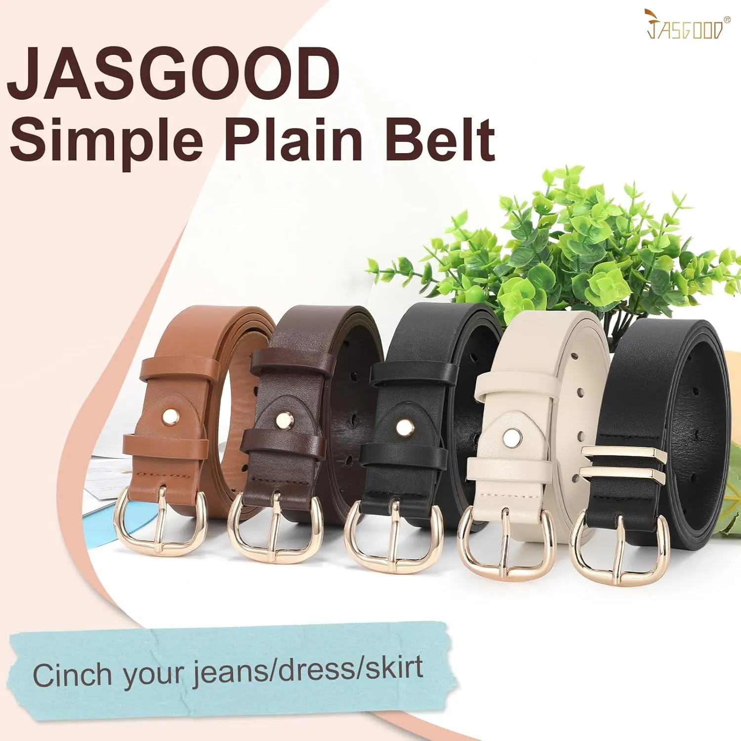 JASGOOD Women Leather Belt for Jeans Pants Gold Buckle Lady Casual Dress Waist Belt