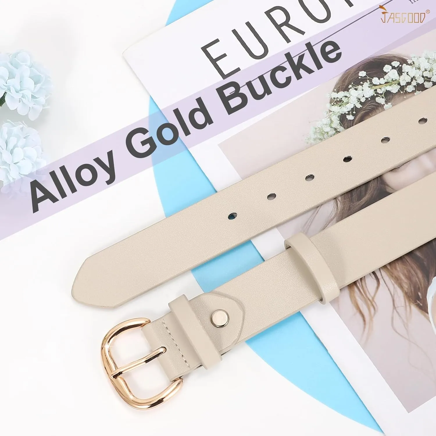 JASGOOD Women Leather Belt for Jeans Pants Gold Buckle Lady Casual Dress Waist Belt
