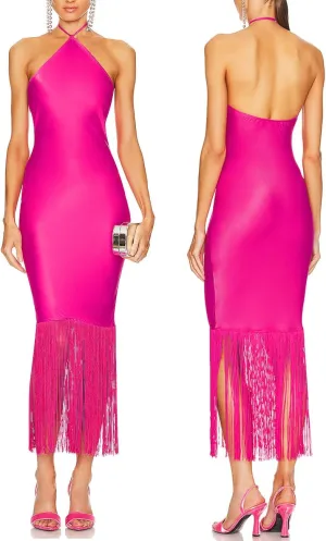 JLCNCUE Women Halter Neck Bodycon Midi Dress Fringe Hem Party Dress Sleeveless Open Back Tassels Evening Gown 262