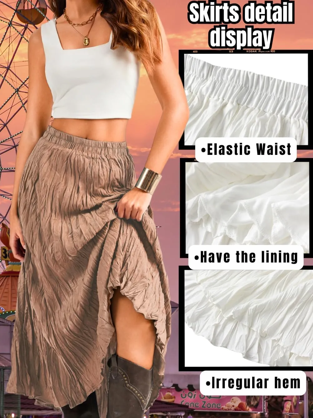 Kaei&Shi Pleated Midi Skirt,High Waisted A Line Flowy Boho Skirts for Women,Renaissance Costume Country Festival Vacation