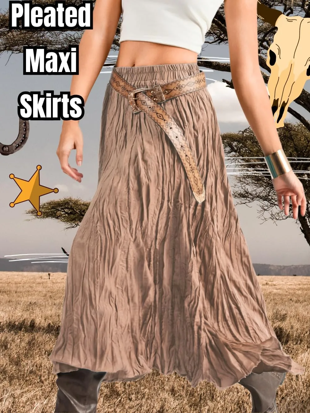 Kaei&Shi Pleated Midi Skirt,High Waisted A Line Flowy Boho Skirts for Women,Renaissance Costume Country Festival Vacation