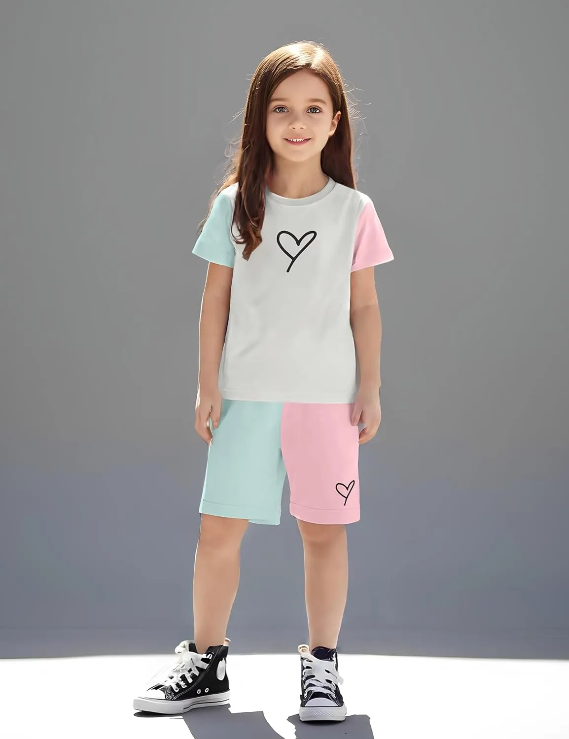 Kids Toddler Girl Clothes Outfits Color Clash Short Sleeve Heart Print Tops Summer Shorts Set