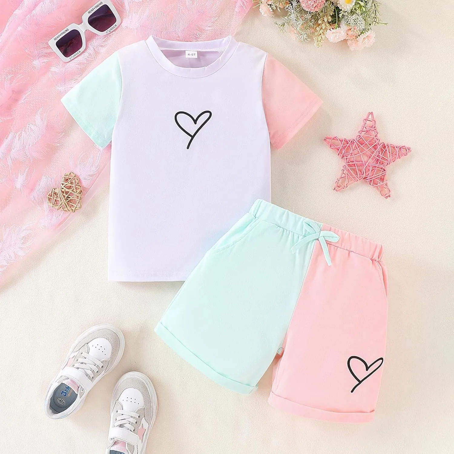 Kids Toddler Girl Clothes Outfits Color Clash Short Sleeve Heart Print Tops Summer Shorts Set