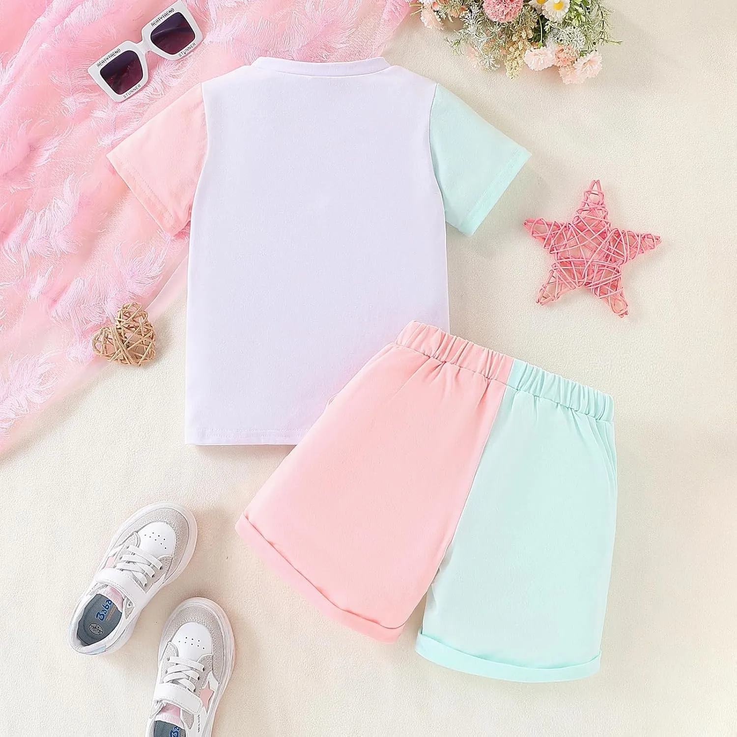 Kids Toddler Girl Clothes Outfits Color Clash Short Sleeve Heart Print Tops Summer Shorts Set