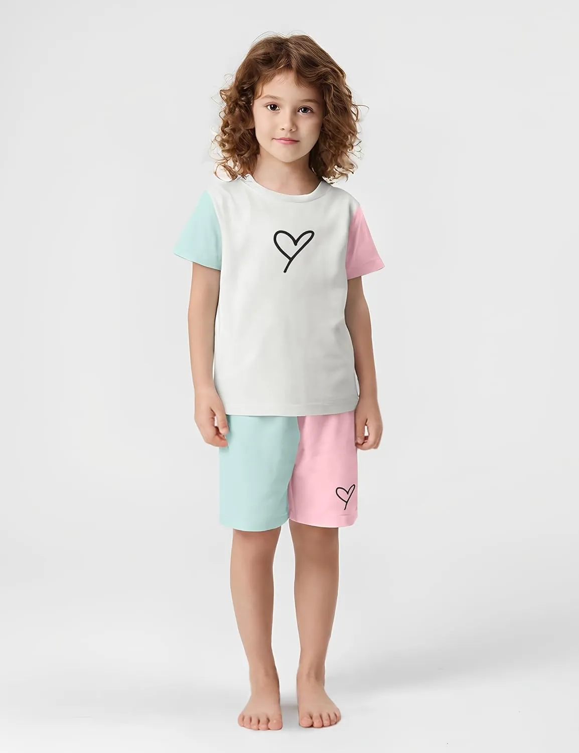 Kids Toddler Girl Clothes Outfits Color Clash Short Sleeve Heart Print Tops Summer Shorts Set
