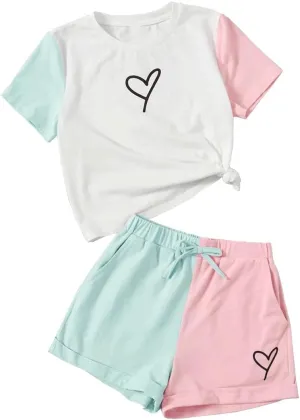 Kids Toddler Girl Clothes Outfits Color Clash Short Sleeve Heart Print Tops Summer Shorts Set