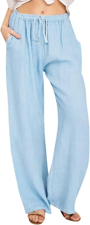 KIKX0DE Women's Fashion 2025 Linen Pants Summer Casual Wide Leg Loose Drawstring Trousers with Pockets