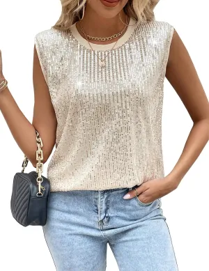 KOJOOIN Sequin Tops for Women Crewneck Sleeveless Sparkly Sexy Crop Tank Top Clubwear Camisole Vest