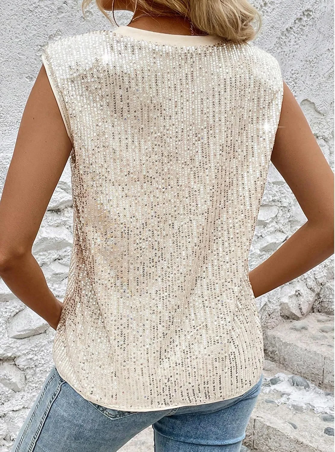 KOJOOIN Sequin Tops for Women Crewneck Sleeveless Sparkly Sexy Crop Tank Top Clubwear Camisole Vest