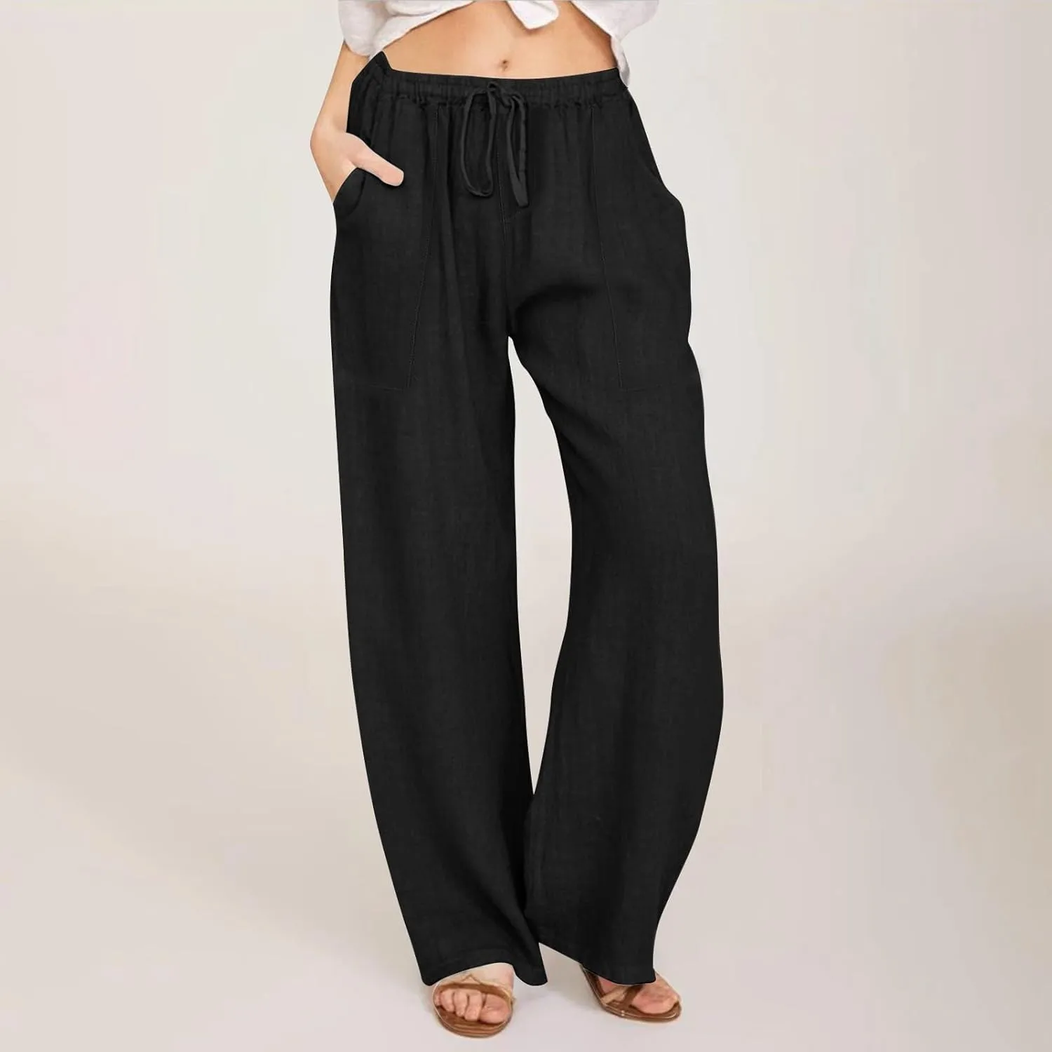 KUIOLYPOER Women's Cotton Linen Pants Summer Wide Leg Casual Loose Drawstring High Waist Palazzo Pants Trousers with Pockets