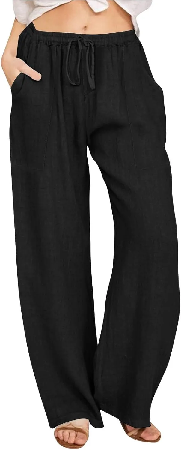 KUIOLYPOER Women's Cotton Linen Pants Summer Wide Leg Casual Loose Drawstring High Waist Palazzo Pants Trousers with Pockets