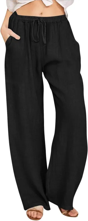 KUIOLYPOER Women's Cotton Linen Pants Summer Wide Leg Casual Loose Drawstring High Waist Palazzo Pants Trousers with Pockets
