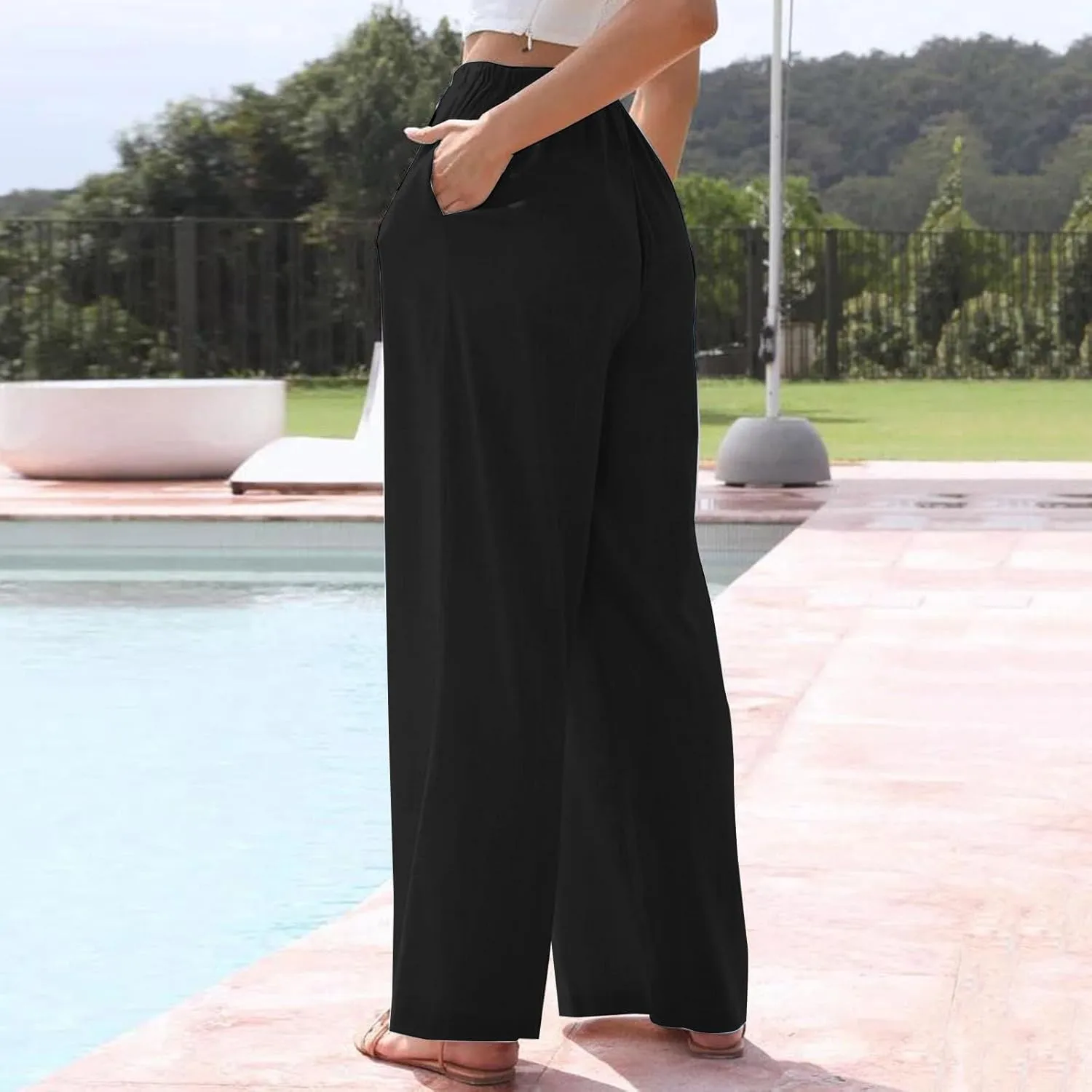 KUIOLYPOER Women's Cotton Linen Pants Summer Wide Leg Casual Loose Drawstring High Waist Palazzo Pants Trousers with Pockets