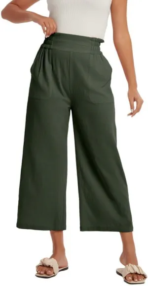 Les umes Womens Cropped Cotton Pants Elastic Waist Wide Leg Capris Casual Summer Trousers with Pockets