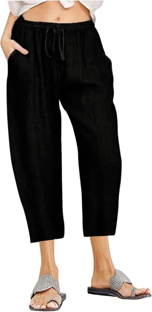 Linen Capri Pants for Women 2025 Casual Summer Pants Drawstring Elastic High Waist Capris Wide Leg Cropped Trousers