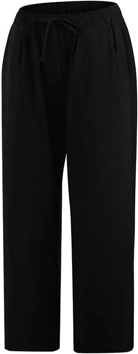Linen Capri Pants for Women 2025 Casual Summer Pants Drawstring Elastic High Waist Capris Wide Leg Cropped Trousers