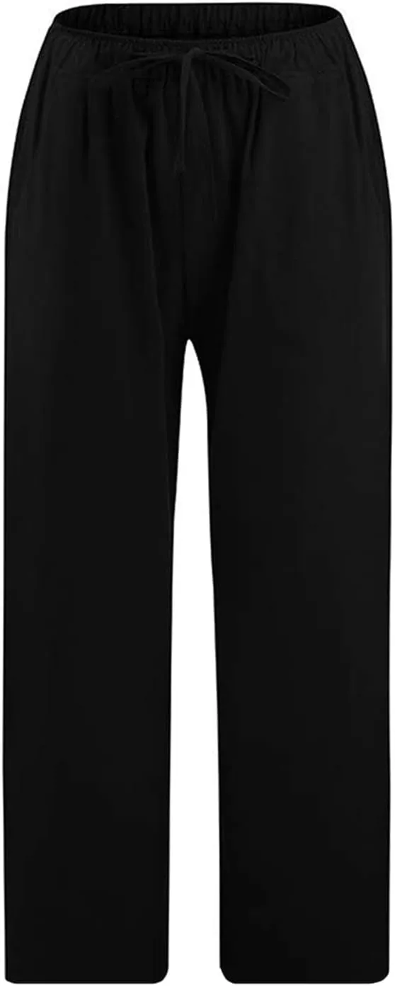Linen Capri Pants for Women 2025 Casual Summer Pants Drawstring Elastic High Waist Capris Wide Leg Cropped Trousers