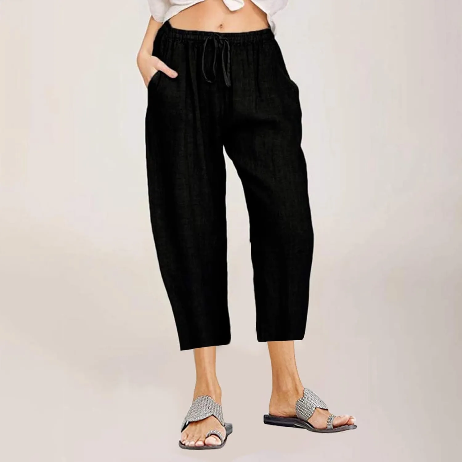 Linen Capri Pants for Women 2025 Casual Summer Pants Drawstring Elastic High Waist Capris Wide Leg Cropped Trousers
